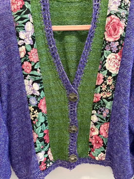 Vintage Purple Cardigan with Green Front and Floral Trim - Picture 2 of 3